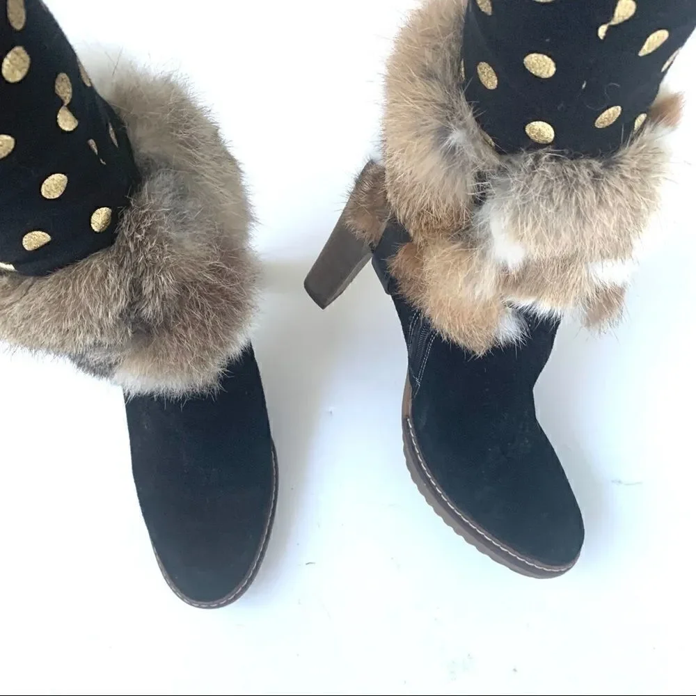 NEW MINELLI BLACK SUEDE HEELED BOOTS WITH FUR